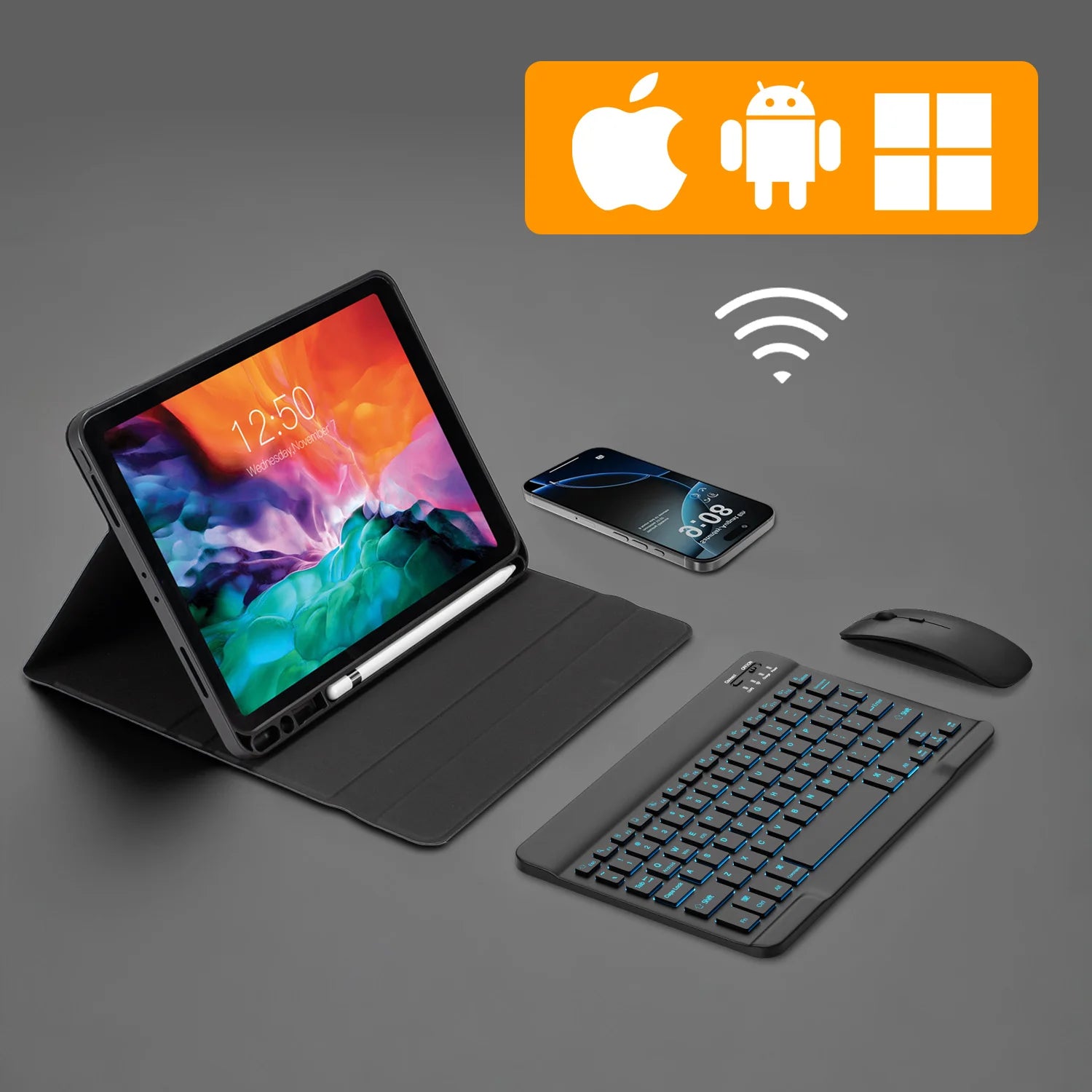 Clavier et souris Bluetooth rétroéclairés RGB multicolores pour iPad, tablette et ordinateur